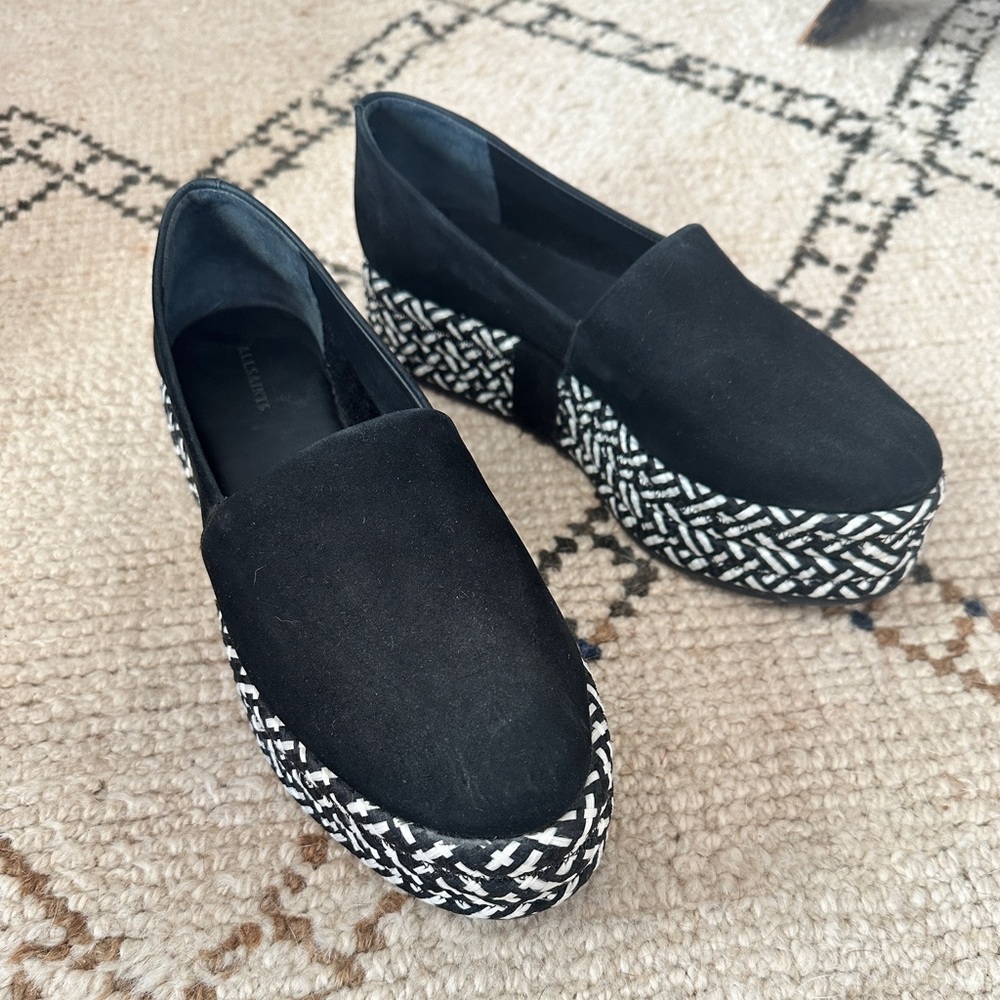 All saints Bora Black Suede Espadrille Platforms